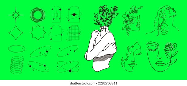 Y2k object pack. Retro futuristic set. Modern object, surreal geometric shapes, sculpture and perspective grids. Abstract vector illustration in trendy psychedelic techno style. Vector illustration