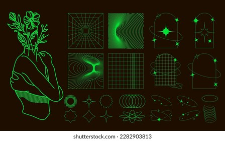 Paquete de objetos Y2k. Conjunto retro futurista. Objeto moderno, formas geométricas surrealistas, trama y cuadrículas de perspectiva. Resumen de ilustraciones vectoriales en estilo tecno psicodélico moderno. Ilustración del vector