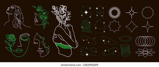 Y2k object pack. Retro futuristic set. Modern object, surreal geometric shapes, sculpture and perspective grids. Abstract vector illustration in trendy psychedelic techno style. Vector illustration