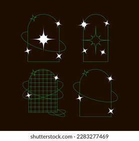 Y2k object pack. Retro futuristic set. Modern object, surreal geometric shapes, sculpture and perspective grids. Abstract vector illustration in trendy psychedelic techno style. Vector illustration