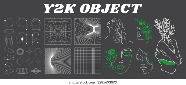 Y2k object pack. Retro futuristic set. Modern object, surreal geometric shapes, sculpture and perspective grids. Abstract vector illustration in trendy psychedelic techno style. Vector illustration