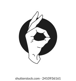 Y2k ok gesto de la mano buena aprobación aceptar la imagen monocroma de la línea retro groovy del icono vectorial. Buena decisión positiva perfecta cero dedo derecho gesto pegatina de moda mínima