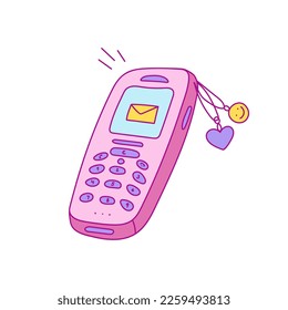 y2k old mobile, cell phone, trendy vector illustration, nostalgia for 90s 2000s, doodle, hand drawn, heart, message