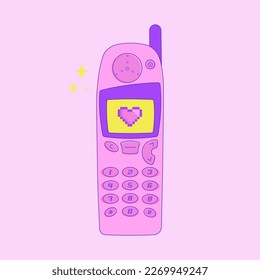 y2k old mobile, cell phone, nostalgia for 90s 2000s, pixel heart, trendy vector illustration