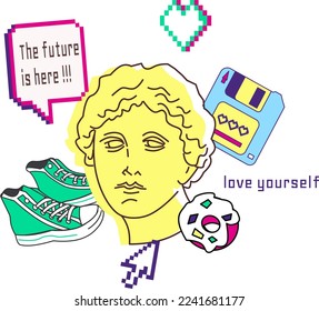 Y2k and old pc aesthetic Greek statue. Fun colorful print with ancient sculpture woman head and pixel art . Graphic in 80's style for poster or t-shirt.