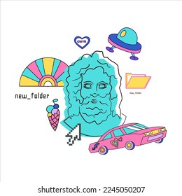 Y2k and old pc aesthetic Greek Zeus statue. Fun print with ancient sculpture male head and pixel art . Graphic in 80's style.