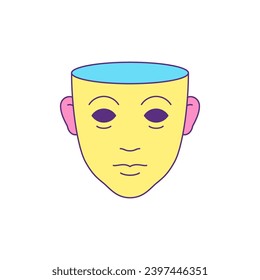 Y2k open mind empty human head psychedelic cartoon character groovy icon vector flat illustration. Surreal psychology comic imagination fantasy portrait trendy sticker for t shirt print