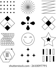 y2k ornament icon set for t-shirt design and graphic needs in black and white, vector format