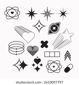 y2k ornament icon set for t-shirt design and graphic needs in black and white, vector format