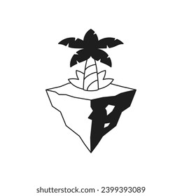 Y2k palm tree on island psychedelic comic monochrome line retro groovy icon vector illustration. Tropical plant on earth path heaven exotic resort minimal trendy sticker for tattoo t shirt print