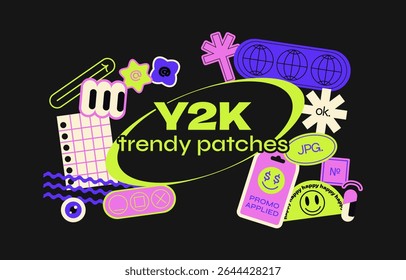 Y2K patches, labels, tags, stickers, stempels in retro stijl. Cartoon stickers in funky hipster groovy stijl. Vector set, trendy promo labels, figuren, elementen in futuristische stijl