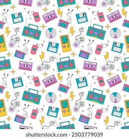 Y2k pattern with jacket, tape recorder, 90 s phone, diskette and electronic retro games. Seamless pattern in style 2000 years. Back to 90 s.