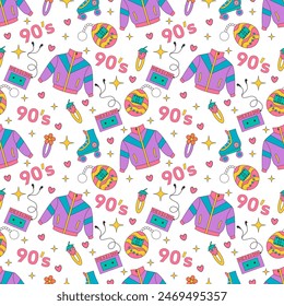 Y2k pattern with retro jacket, hairpin, roller skates, electronic retro game. Seamless pattern in style 2000 years. Back to 90 s.