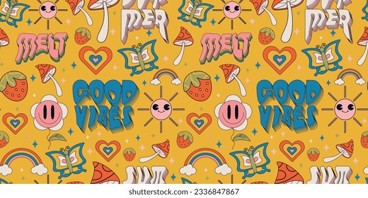 Y2k pattern sun,heart,rainbow,butterfly,mushroom,flower,strawberry.Melt,good vibes,summer.retro style packaging,print