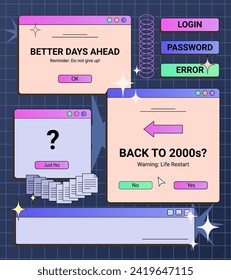 pantallas de PC Y2K, ventanas, mensajes de diálogo de tecnología retro, preguntas, plantillas, signos y símbolos. Ilustración vectorial.