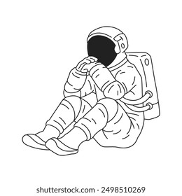 Y2k pensativo astronauta sentado pensando en el icono de contorno de cómic ilustración plana de Vector. Cosmonauta reflexivo cansado en el casco y el traje espacial que planea el emblema monocromático groovy psicodélico del viaje del universo