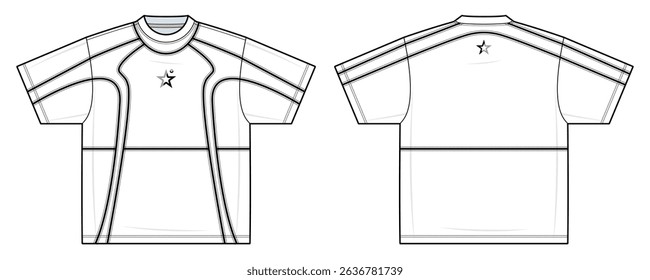Y2K Performance T-Shirt Technical Fashion Illustration. Short Sleeve Crewneck Tee with Star Graphic and Contrast Stitching. Front and Back View. Futuristic Activewear Look. Oversized Fit. CAD Mockup.