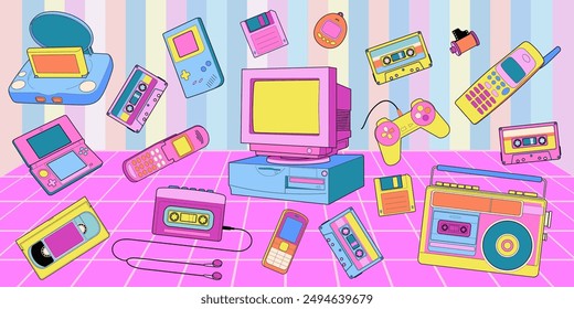 Y2k phone retro. 2000s cartoon stickers. Old style computer. Cellphone and PC monitor. Technology doodle. Japanese videogame. Gamer joysticks. Retro gamepad. Musical boombox. Vector vintage devices