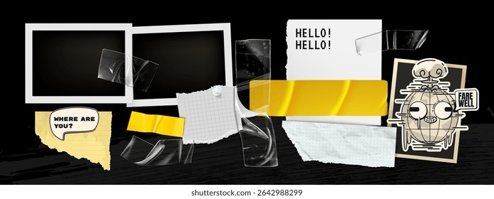 Y2k photo frame collage with nostalgic elements - instant film borders, yellow tape strips, torn paper note, speech bubble, retro sticker design. Mixed media scrapbook style for 2000s aesthetic.