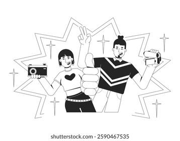 Y2k photography and videography enthusiasts in retro vibes black and white 2D illustration concept. Vintage camera girl, old camcorder man outline characters isolated. Metaphor monochrome vector art