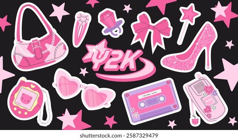 Y2K pink aesthetic sticker set featuring retro fashion icons like sunglasses, handbag, Tamagotchi, cassette, flip phone, high heels, bows, and stars. Millennium style with a girly, glamorous vibe. 