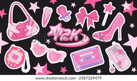 Y2K pink aesthetic sticker set featuring retro fashion icons like sunglasses, handbag, Tamagotchi, cassette, flip phone, high heels, bows, and stars. Millennium style with a girly, glamorous vibe. 