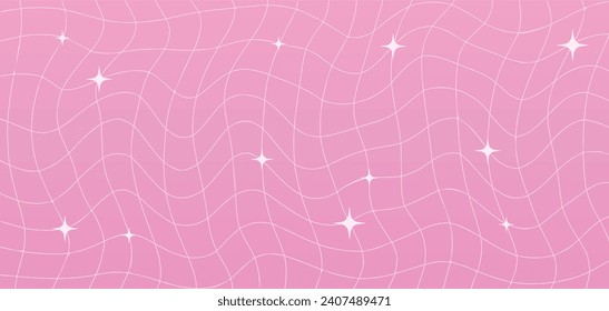 Y2k pink background with grid and blinks, Valentine Day techno backdrop. Vector illustration.