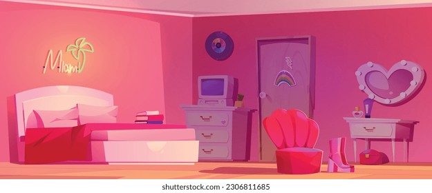 Diseño interior de dormitorio rosa Y2k fondo de dibujos animados vectoriales. Computadora, libro y lámpara de neón en el apartamento de una estudiante. Accesorios de miami para adolescentes, decoración de vinilo y lámpara cerca del armario