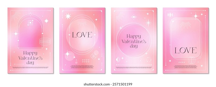 Y2k pink color gradient background posters or cover templates for Valentine day celebration. Vector vertical love glowing boho style backgrounds or banners with abstract retro futuristic brutal shapes