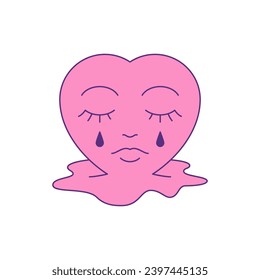 Y2k pink crying heart with tears drops puddle comic cartoon character groovy icon vector flat