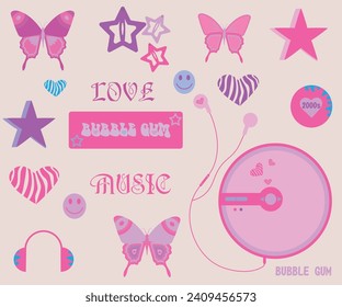 Y2k pink elements Butterfly, heart, stars,bubble gum,music,headphones,walkman and other elements in trendy 2000s style. Vector icon. 90s. Pink pastel colors.Clipart.