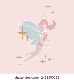 Y2k pink fairy. Silhouette of beautiful flying fairy. Gold stars, pink, pastel, colors. Magic, fantasy, Hand drawn, isolated.
