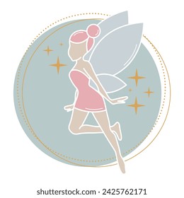 Y2k pink fairy. Silhouette of beautiful flying fairy. Gold stars, pink, pastel, colors. Magic, fantasy, Hand drawn, isolated.