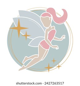 Y2k pink fairy. Silhouette of beautiful flying fairy. Gold stars, pink, pastel, colors. Magic, fantasy, Hand drawn, isolated.