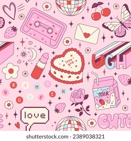 Y2k pink girly seamless pattern with cake, milk, rose flower, strawberry, cassette. Coquette backgroud with vintage decor. 2000s aesthetic. Vector texture for wrapping paper, wallpaper, cover, textile