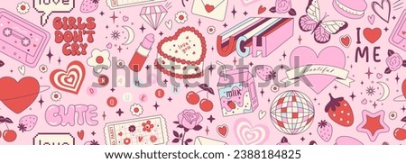 Y2k pink girly seamless pattern with cake, milk, rose flower, strawberry, cassette. Coquette banner backgroud with vintage decor. 2000s aesthetic. Vector texture for wrapping paper, wallpaper, cover 