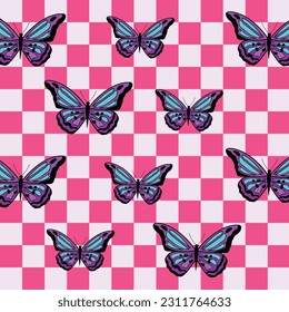 Y2k pink glamour butterflies background. Background in trendy emo goth 2000s style. 90s, 00s aesthetic wallpaper with butterfly