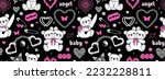 Y2k pink goth semless pattern. Butterfly kawaii bear chain heart tattoo and other elements in trendy emo goth 2000s style. Vector hand drawn background. 90s, 00s aesthetic. Pink, black, white colors.