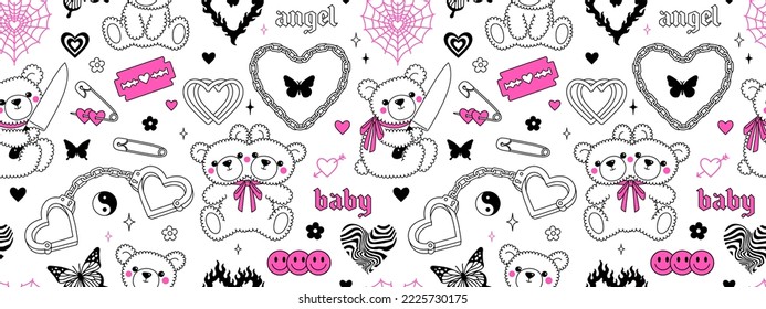 Y2k pink goth semless pattern. Butterfly kawaii bear chain heart tattoo and other elements in trendy emo goth 2000s style. Vector hand drawn background. 90s, 00s aesthetic. Pink, black, white colors.