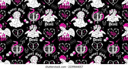 Y2k pink gothic wallpaper. Devil and angel, wire heart, black and pink goth elements on dark background. Emo goth 2000s concept of love. Vector hand drawn backdrop, fabric. 90s, 00s aesthetic.