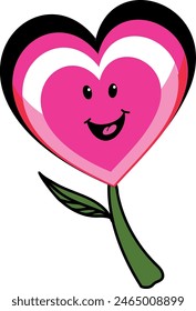 Y2k pink groovy heart flower with smile face.70-80s style cute character. Hippie love. Trendy y2k patche emoticon groovy print design for poster, card, tshirt, Textile, Web Design, Social Media.