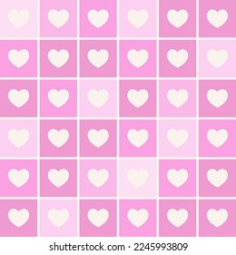 Y2k pink heart seamless pattern. Checkered girlish background for Valentines day