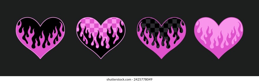 Y2k pink heart stickers. Neo tribal set. Hand drawn vector illustration. Retro sticker collection. Stylised heart prints.