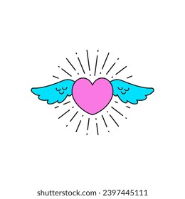 Y2k pink heart with wings love symbol cartoon element groovy style icon vector flat illustration
