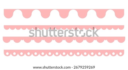 Y2K pink lace border vector set. Cute pastel scalloped ribbons with retro frill edge ornament. Girly vintage fabric lace texture isolated on white illustration
