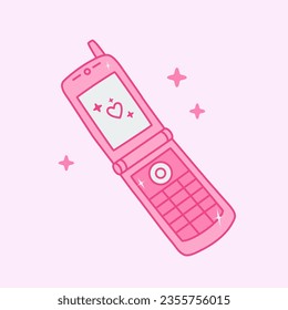 Teléfono móvil rosa y 2k con botones. Adolescente de dispositivo electrónico de los años '00. Icono de la nostalgia silenciosa. Estética de la moda de la princesa de glamur. Ilustración del vector