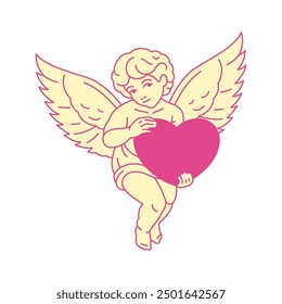 Y2k pink romantic baby boy angel with heart contemporary pop art icon vector flat illustration. Cupid cute heaven winged cartoon character love amour Valentine's retro groovy t shirt print