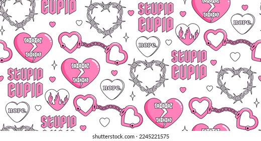 Y2k pink semless pattern. Barbed wire, heart, handcuffs, tattoo and other elements in trendy 2000s style. 90s, 00s aesthetic. Anti valentines day conception. Stupid cupid. Pink, black, white colors.