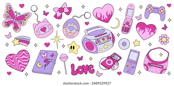 Y2k pink stickers set. Cute vector elements for girl.