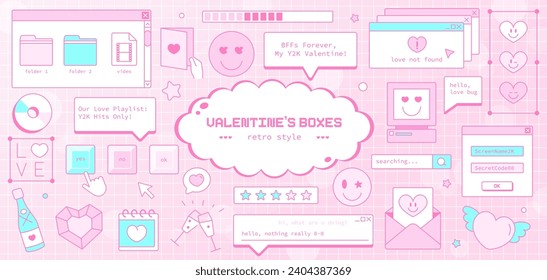 Y2K Pink Valentine's Computer Theme: Retro Love and Heart-Shaped Aesthetic Elements. Cute Stickers, Gift Boxes, and Interface Elements in Old Computer Style. Groovy2000s Vector for Romantic Design.